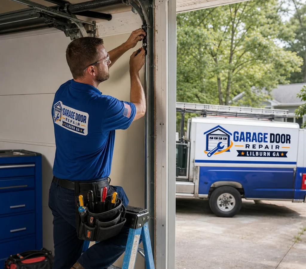 Technician in Lilburn inspecting a residential garage door beside the track and spring assembly