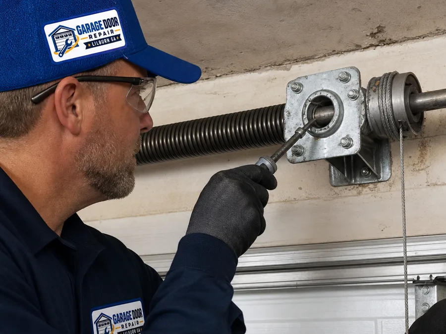 Technician checking a garage door torsion spring, center bearing plate, and cable tension