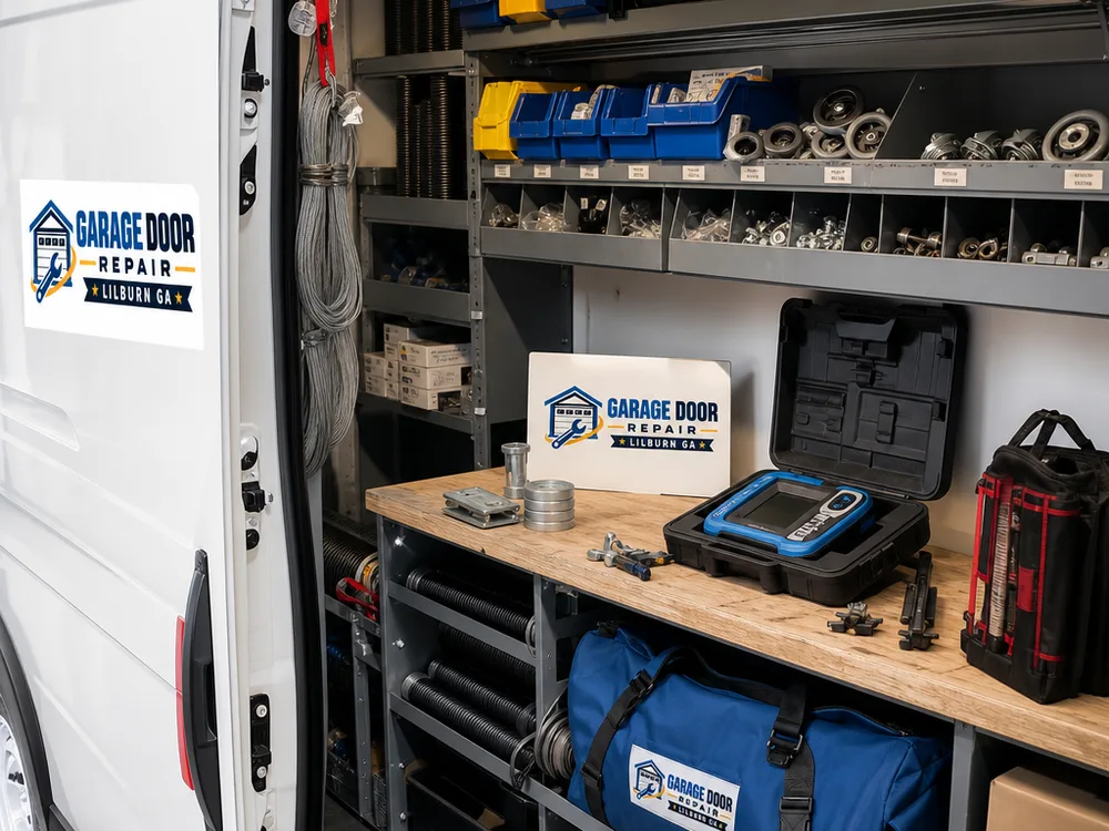 Organized garage door service vehicle with rollers, hinges, cables, and diagnostic tools